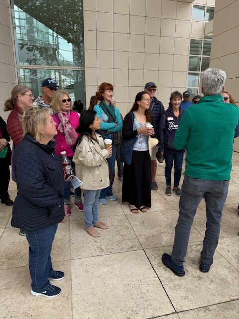 Club members listening as our docent shares stories about how the Getty was designed